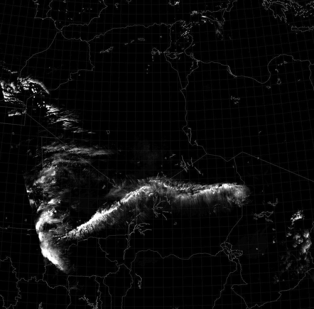 NOAA-20 VIIRS channel M-9 image displayed with maximum contrast (12:40 UTC, 22 January 2018)