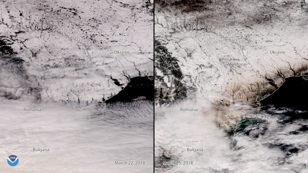 "Before" and "After" S-NPP VIIRS true color images from 22 March 2018 (left) and 25 March 2018 (right) showing dust on snow in eastern Europe.