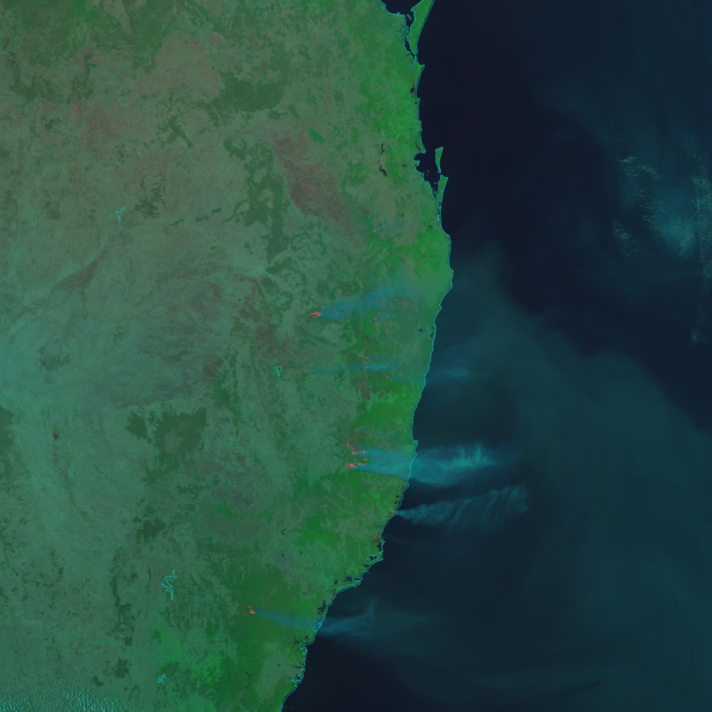 S-NPP VIIRS Day Land Cloud Fire RGB composite of bands I-1, I-2 and I-4 (03:49 UTC, 7 November 2019)