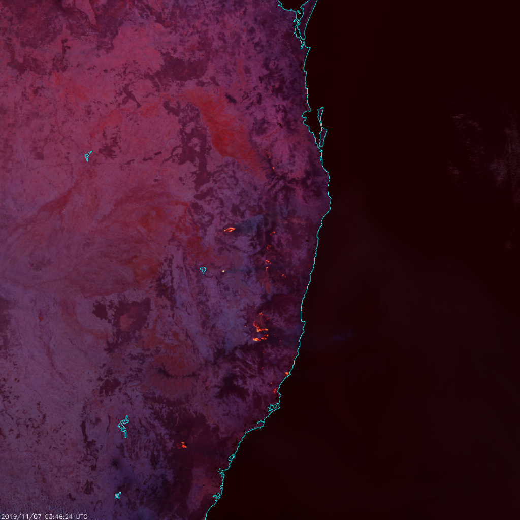 S-NPP VIIRS Fire Temperature RGB composite of bands M-10, M-11 and M-12 (03:46 UTC, 7 November 2019)