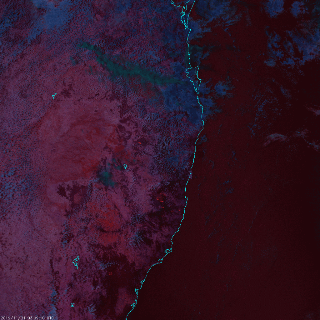 Animated GIF of VIIRS Fire Temperature RGB images (1-11 November 2019)