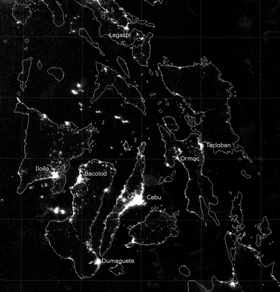 VIIRS Day/Night Band image of the central Philippines, taken 16:50 UTC 31 October 2013
