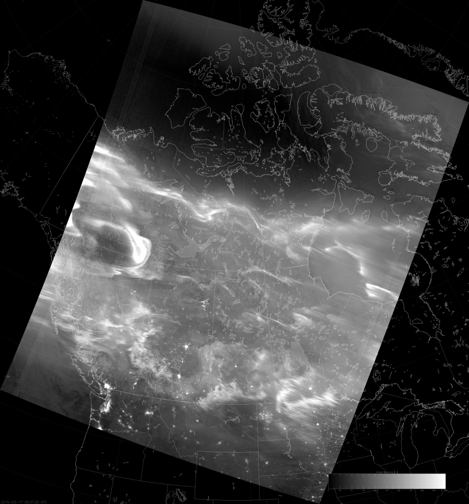 VIIRS DNB image of the aurora borealis, 09:37 UTC 17 March 2015