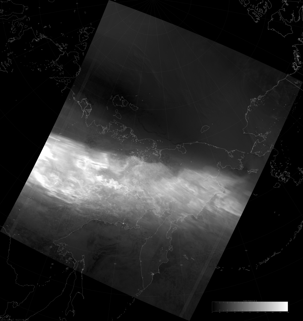VIIRS DNB image of the aurora borealis, 16:21 UTC 17 March 2015