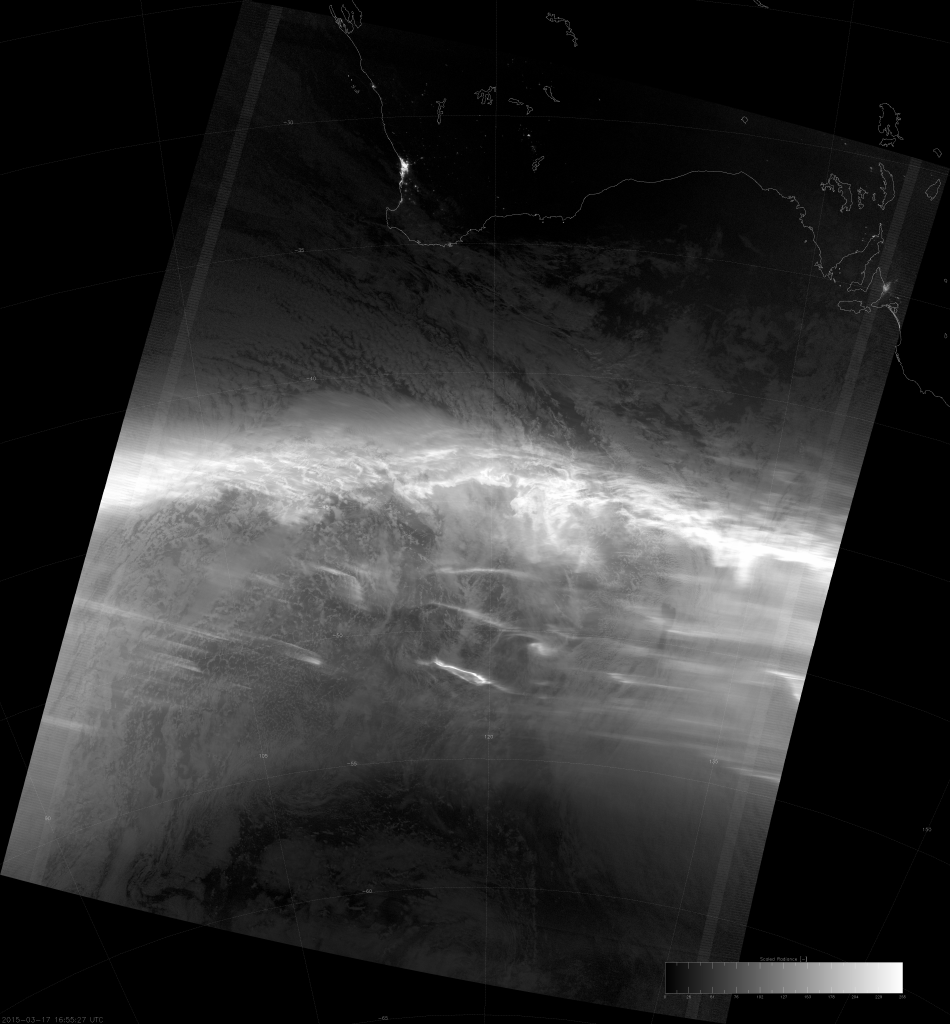 VIIRS DNB image of the aurora australis, 16:55 UTC 17 March 2015
