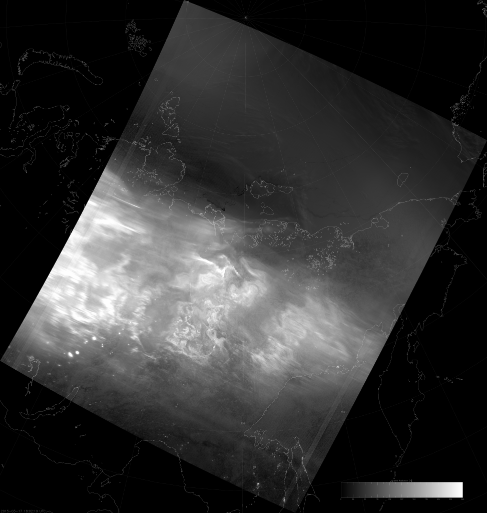 VIIRS DNB image of the aurora borealis, 18:02 UTC 17 March 2015