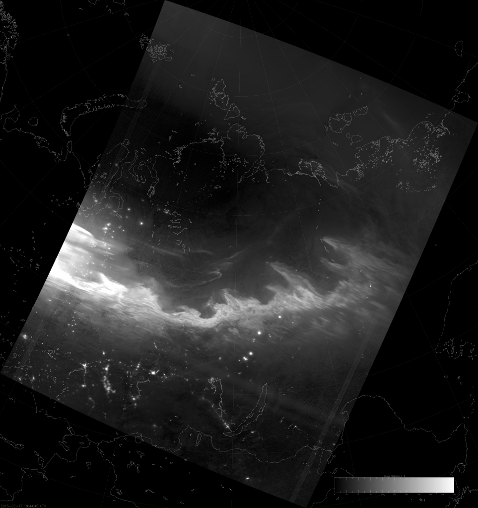 VIIRS DNB image of the aurora borealis, 19:45 UTC 17 March 2015