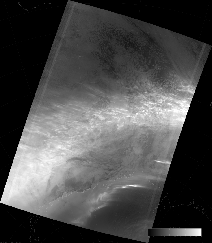 VIIRS DNB image of the aurora australis, 22:02 UTC 17 March 2015