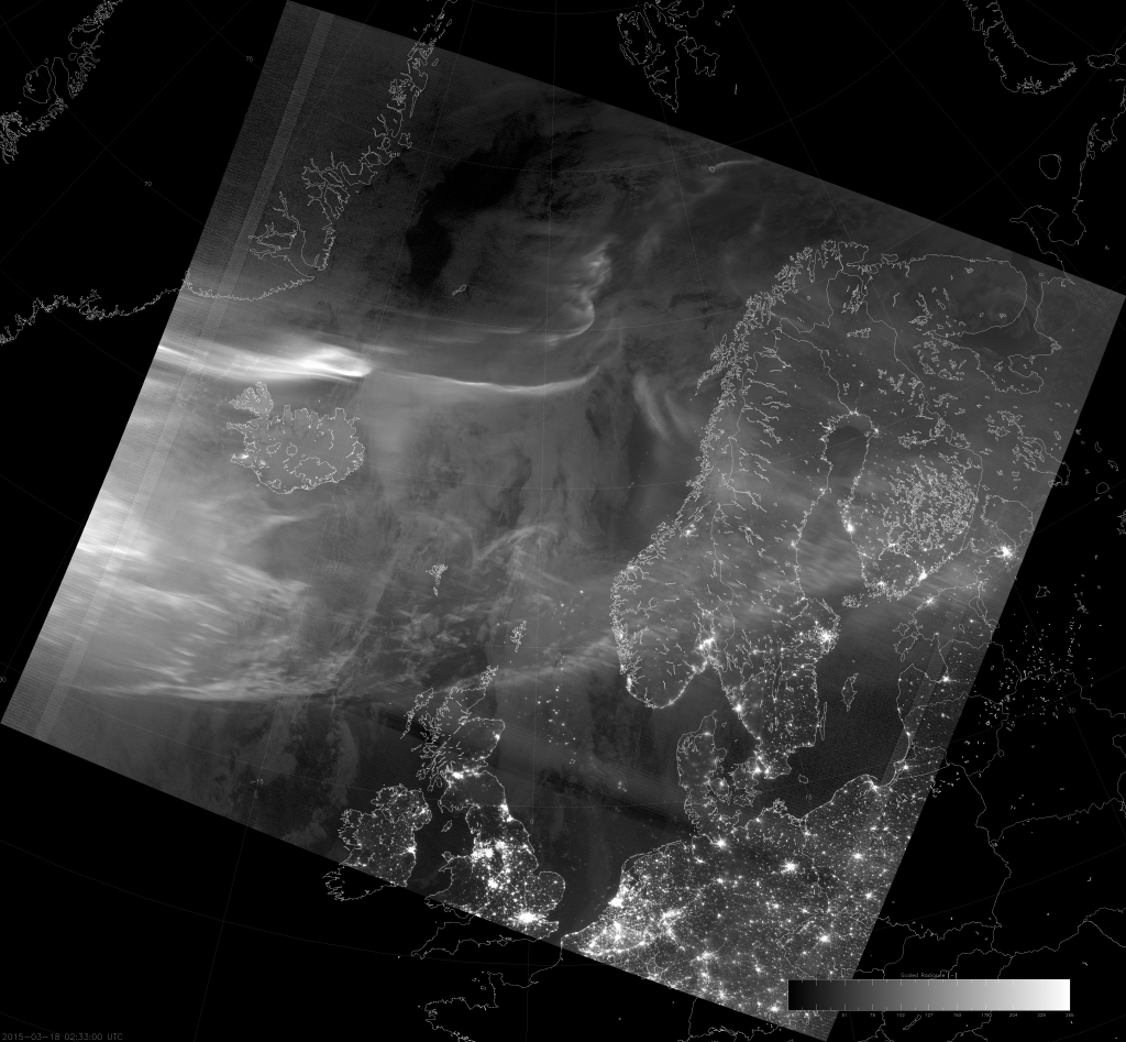VIIRS DNB image of the aurora borealis, 02:33 UTC 18 March 2015