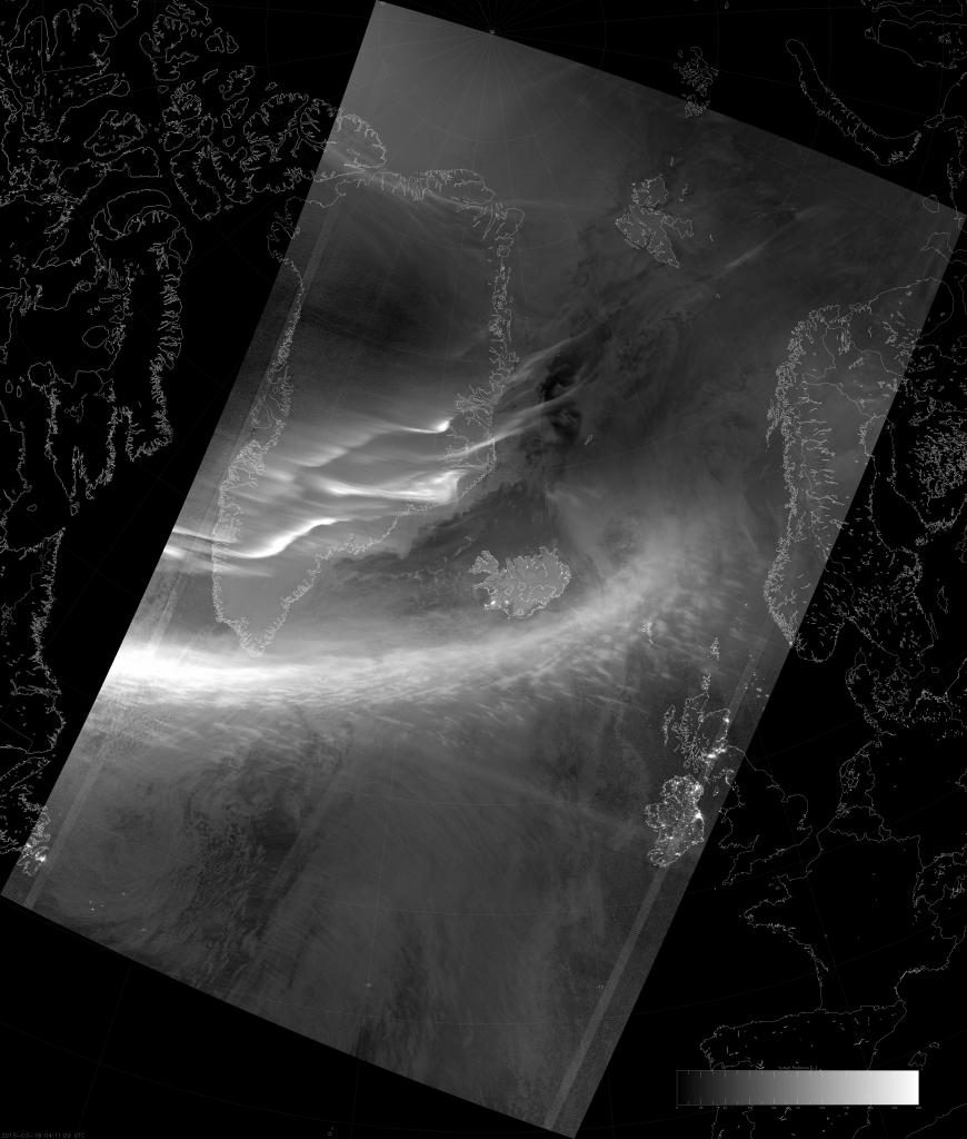 VIIRS DNB image of the aurora borealis, 04:11 UTC 18 March 2015