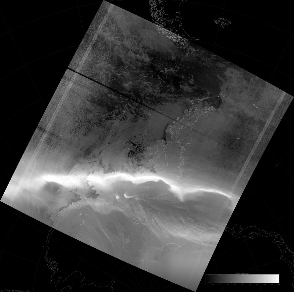 VIIRS DNB image of the aurora australis, 04:52 UTC 18 March 2015