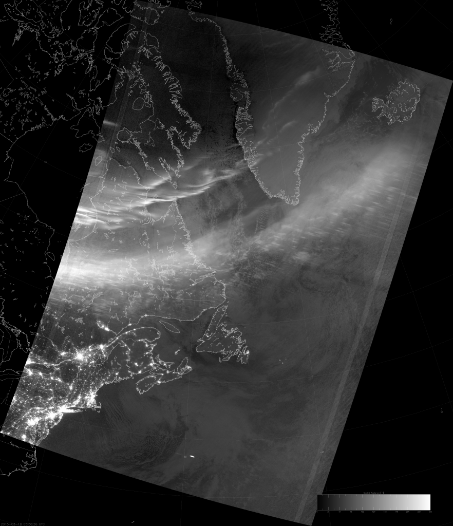 VIIRS DNB image of the aurora borealis, 05:56 UTC 18 March 2015