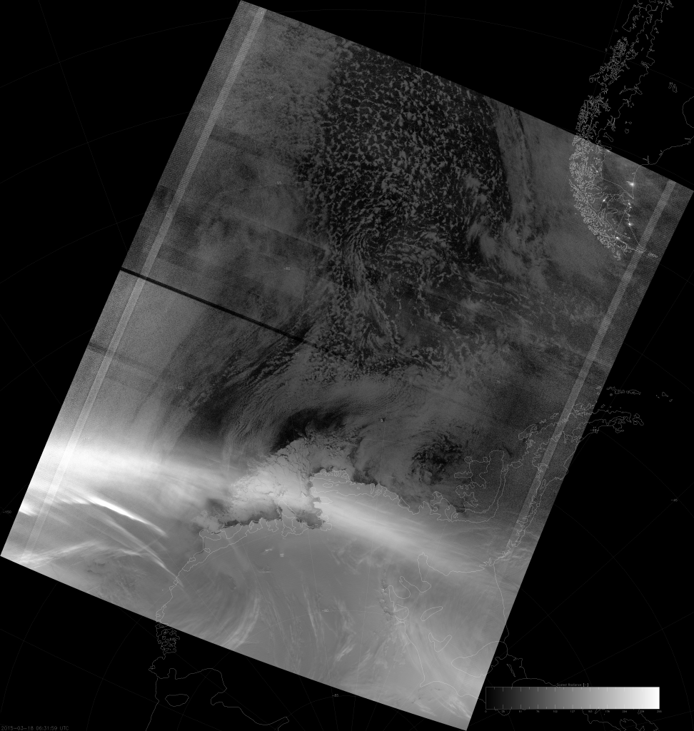 VIIRS DNB image of the aurora australis, 06:32 UTC 18 March 2015