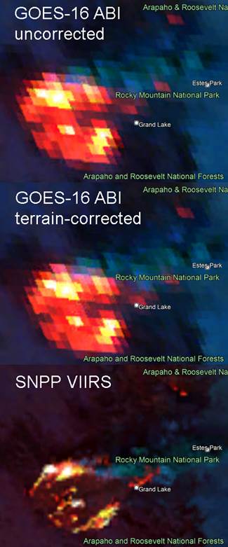 Figure: Fire Temperature RGB images of the East Troublesome Fire (20:00 UTC, 22 October 2020). Top: GOES-16 ABI using default geolocation. Middle: GOES-16 ABI using terrain-corrected geolocation. Bottom: S-NPP VIIRS using terrain-corrected geolocation.