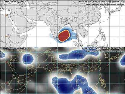 Caption: TCFP formation probabilities (top) and percent cloud cover from water vapor imagery (bottom) prior to the genesis of Cyclone Mocho in the Bay of Bengal.