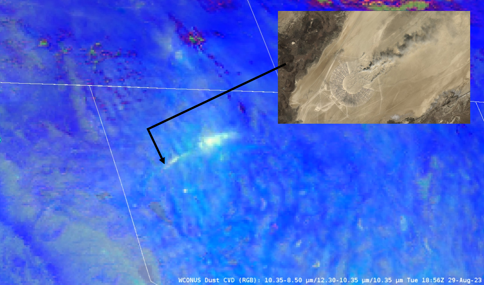 Figure: 29 August 2023 GOES-West CVD Dust RGB. Dust appears as bright yellow/green. Arrow points to the location of the Burning Man Festival. Inset is Sentinel-2 10-m True Color Imagery over location of dust source, revealing Black Rock City (location of Burning Man).