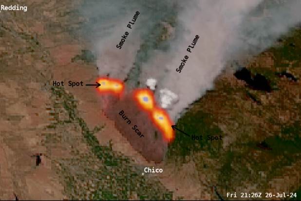 Figure: 26 July 2024 GOES-West Geocolor imagery with SWIR and NIR imagery overlaid of Park Fire in northeast California.