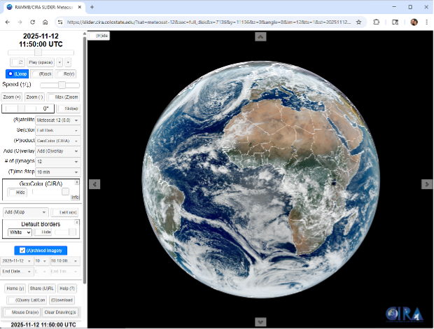 An example of Meteosat-12 GeoColor imagery as displayed in SLIDER (1150 UTC, 11 November 2025).